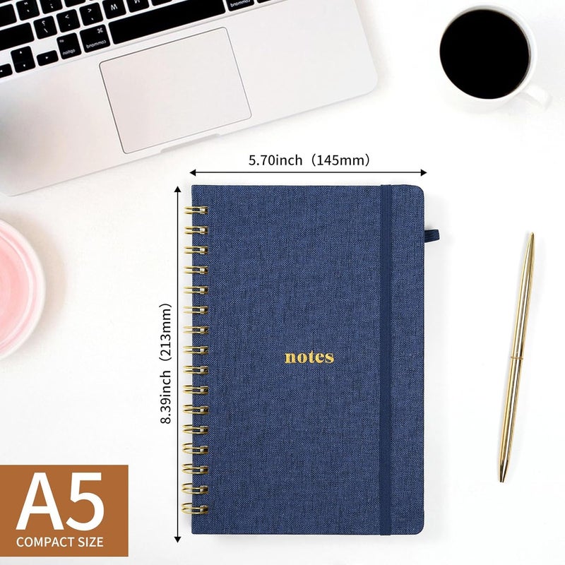 TSFPapier A5 Spiral Notebook – Hardcover Journal 160 Lined Pages 100 GSM Thick Paper With Elastic Band & Pen Holder College Ruled Writing Notebooks for Work School Travel Dark Blue - Image 2